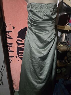 David's Bridal Strapless Beaded Bodice Sage Gown